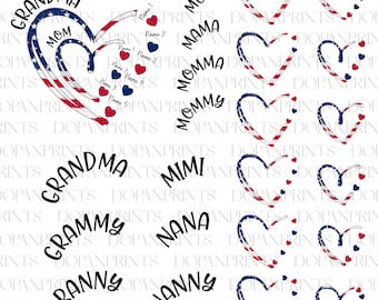 Bundle 4th of July Grandma Mom Kids Heart In Heart Png, American Flag Png, Custom Mama With Kids Name Png, Stars And Stripe, Grandma Gift