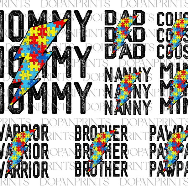 Bundle Autism Mommy Stacked Distressed Png, Dad Autism Awareness Png, Autism Puzzle Piece Lightning Bolt Png, Autism Family Matching Shirt