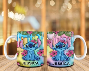 Personalized 3D Cartoon Characters 11oz Mug Design PNG, Custom Name Kids, 3D Puff Flower Coffee Mug,Flowers 11oz Mug Wrap Design Sublimation