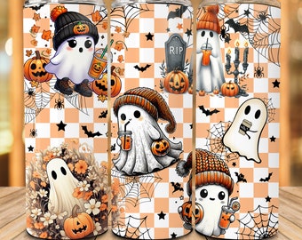 Cute Ghost 20oz Skinny Tumbler Png, Boo Png, Spooky Season, Cute Snarky Ghost Png, Funny Ghost Png, Funny Halloween Checkered Tumbler Wrap
