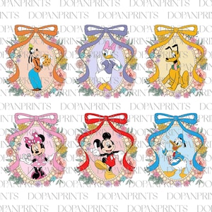 May include: Six digital images of Disney characters in oval frames with floral borders. Each frame has a different colored ribbon and pearl accents. The characters are Mickey Mouse, Minnie Mouse, Donald Duck, Goofy, Pluto, and Daisy Duck.