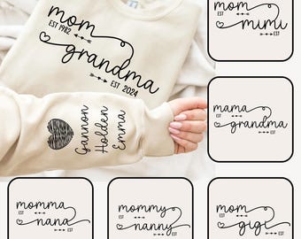 Bundle Custom Mom Grandma Est Year Svg, Retro Mama Svg, Mama With Kid Name on Sleeve, Mother's Day Svg, Grandma Est Sweatshirt, Gift For Mom