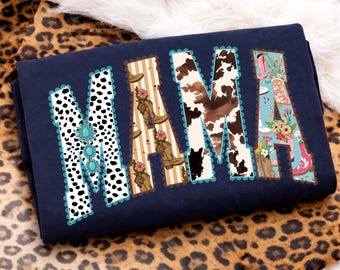 Mamá estilo western preppy PNG, Mamá vaquera PNG, Camisa de mamá con estampado floral de vaca y leopardo, Mamá country western PNG, Día de la Madre retro PNG, Vida de mamá