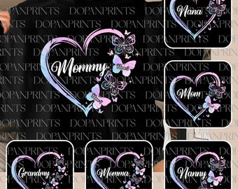 Paquete personalizado de corazón de mamá con nombre de niño Png, amor de mamá Png, feliz día de la madre Png, camiseta personalizada con corazón y mariposa Png, regalo para abuela