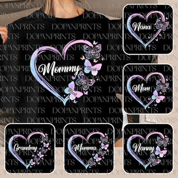 Bundle Custom Mom Heart With Kids Name Png, Mama Love Png, Happy Mother's Day Png, Customized Heart Butterfly Shirt Png, Gift For Grandma