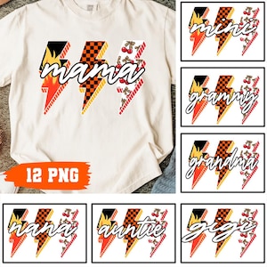 Mama Lightning Bolt Png-Bundle, Mama Kirsche kariert Png, Niedliches Retro Mom Shirt Design, Mama Leopard-Print PNG Design, Trendy Mom Varsity Png