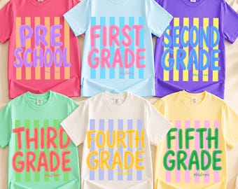Stripes Back to School Teacher PNG Bundle, First Second Third Fourth Fifth Grade Png, Grade Level Teacher Team Shirt,First Day Of School Png