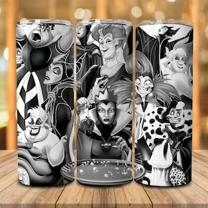 May include: Black and white graphic design featuring various Disney villains, including Maleficent, Ursula, Cruella de Vil, and the Evil Queen. The design is printed on a stainless steel tumbler.