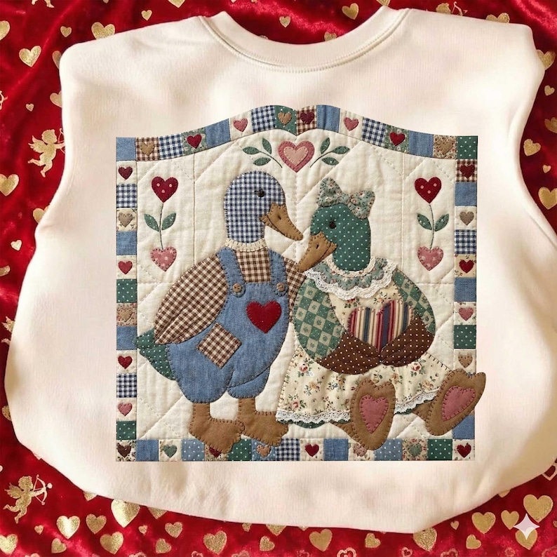 May include: Cream-colored sweatshirt featuring a quilted design of two ducks in love. The male duck wears blue overalls with a red heart, while the female duck has a floral dress and bow. The design includes hearts and a patchwork border.