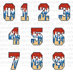 May include: A set of nine numbers, 0 through 9, each designed with a patriotic ice cream theme. The numbers have a waffle cone base, with red, white, and blue dripping ice cream and sprinkles.