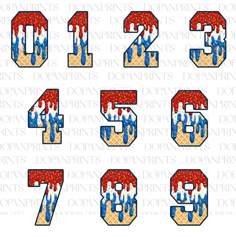 May include: A set of nine numbers, 0 through 9, each designed with a patriotic ice cream theme. The numbers have a waffle cone base, with red, white, and blue dripping ice cream and sprinkles.