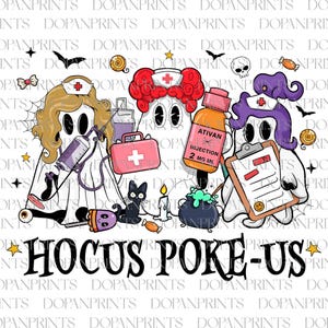 May include: A Halloween-themed graphic featuring three ghost characters dressed as nurses, holding medical supplies. The image includes the text "Hocus Poke-Us" and various Halloween elements like bats, candy, and a black cat.