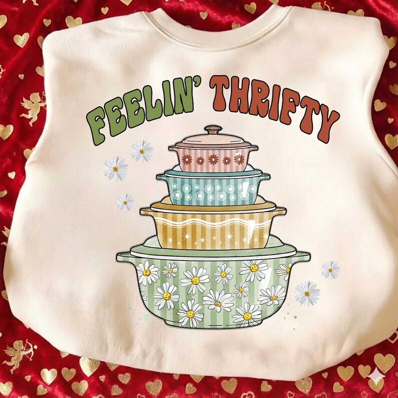 May include: Cream-colored sweatshirt with the text "FEELIN' THRIFTY" in green and orange. The graphic features a stack of colorful vintage casserole dishes with floral and striped patterns. White daisy accents are scattered around the design.