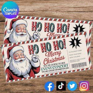 May include: Two Christmas-themed event tickets with Santa Claus illustrations. The tickets feature the text "HO HO HO! Merry Christmas" and space for event details. The design includes red, green, and white stripes.