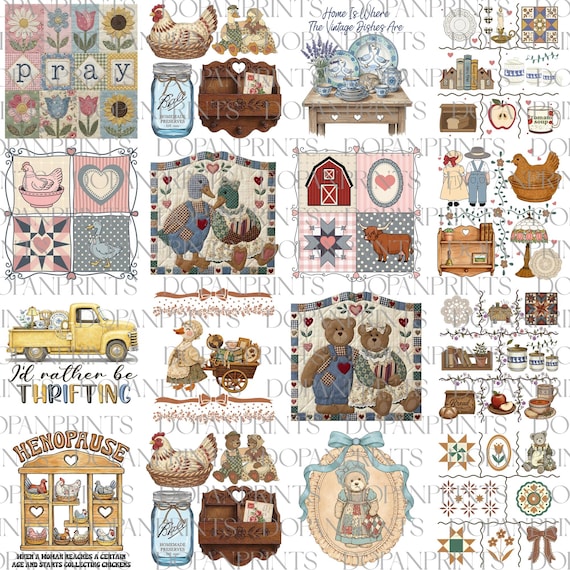 Grandma Thrifted Png Bundle, Home Is Where the Vintage Dishes Are PNG, Distressed Farmhouse Kitchen Design, Cozy Retro Animal Digital File