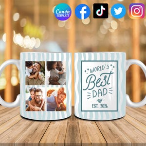 May include: White ceramic mug with a light blue wavy pattern. One side features four family photos, the other side has the text "World's Best Dad" with "Est. 2026". A perfect gift for Father's Day.