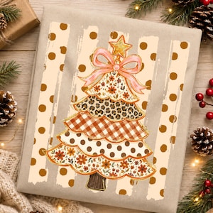 May include: A rectangular beige fabric item featuring a central Christmas tree graphic composed of five scalloped layers with floral, leopard, plaid, and polka dot patterns, topped with a pink bow and a gold star against a polka dot background.