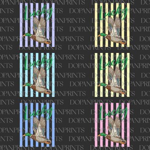 May include: A repeating pattern featuring a flying duck illustration with the word "Lucky" in green script. Each duck is set against a backdrop of vertical stripes in various pastel colors, including blue, yellow, and pink, on a dark gray background.