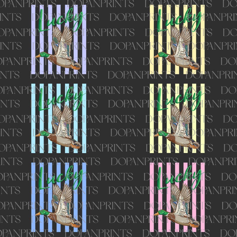 May include: A repeating pattern featuring a flying duck illustration with the word "Lucky" in green script. Each duck is set against a backdrop of vertical stripes in various pastel colors, including blue, yellow, and pink, on a dark gray background.