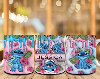 Diseño de taza de 11 oz con personajes de dibujos animados en 3D personalizados PNG, envoltura de taza de 11 oz inflada en 3D para el día de San Valentín, taza de café de San Valentín inflada, lindo San Valentín