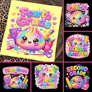 May include: A yellow t-shirt featuring a colourful, glittery, smiling dumpling character surrounded by school supplies like a glue bottle, scissors, crayons, and a notebook, with the text Fourth Grade in a bright, bubbly, multi-coloured font.