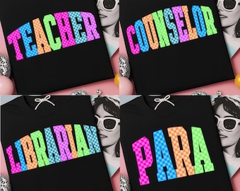 Geruit neon schoolberoep png-bundel, preppy eerste schooldag png, terug naar school leraar sped para counselor, kleurrijke leraar