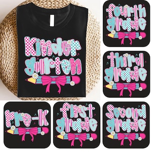 Preppy Back to School Bundle PNG, Pre-k 1st/2nd/3rd Grade, Coquette Teacher First Day of School Shirt Design, Checkered Teacher Sublimation