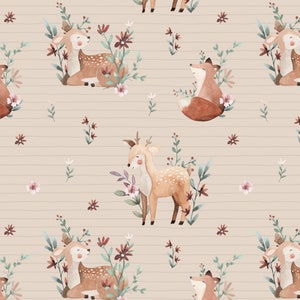 May include: Watercolor pattern featuring deer and foxes amidst floral arrangements. The animals are in shades of brown and tan, with delicate floral accents in pink, burgundy, and green. The background has a light beige color with horizontal lines.