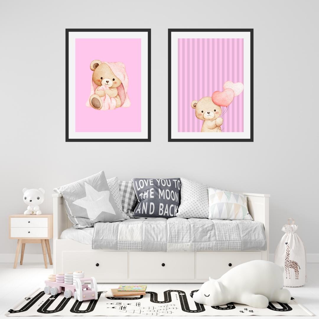 Pink Teddy Bear Nursery Wall Art Set of 3 Printable | Baby Girl Room ...