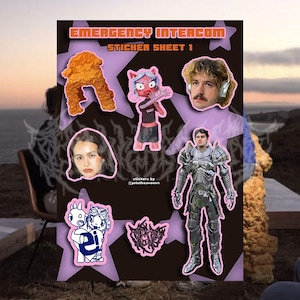 May include: A sticker sheet with a pink background and a variety of stickers. The stickers include a cartoon character, a fried chicken leg, a person in armor, a person with a beard, and a person with a cat head. The text on the sheet reads "Emergency Intercom Sticker Sheet 1".