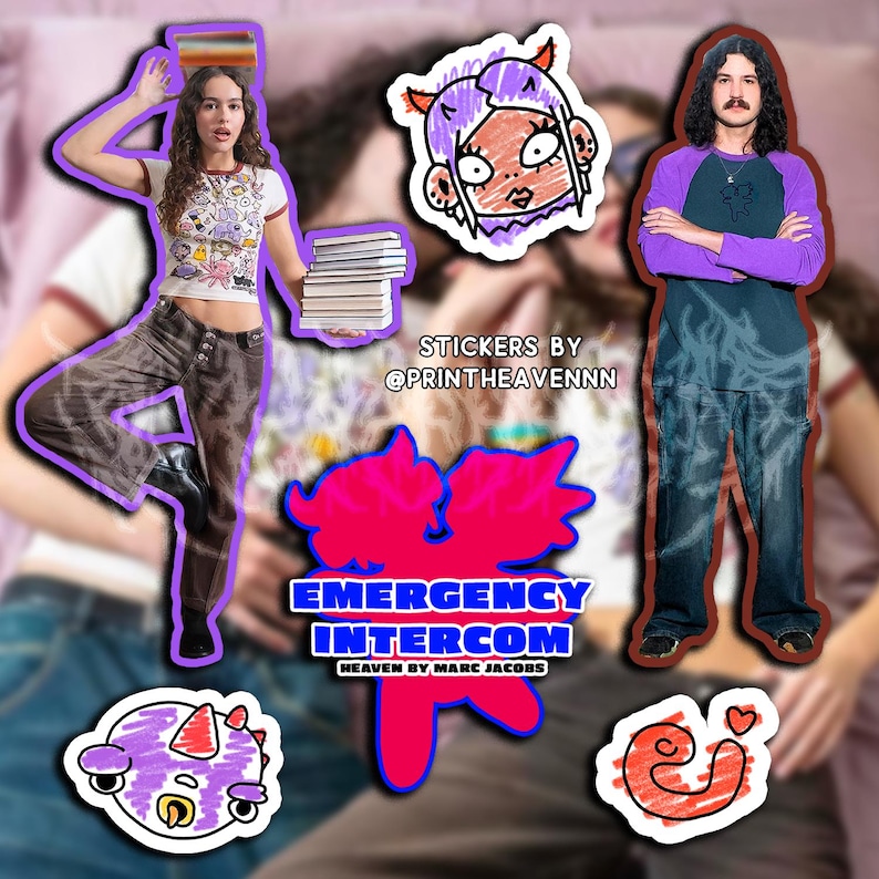 May include: A set of colourful stickers featuring cartoon characters and text. The stickers include a pink and blue cartoon character with a purple mohawk, a pink and blue cartoon character with a red heart, a purple cartoon character with a horn, and a pink and blue cartoon character with the text "Emergency Intercom Heaven by Marc Jacobs".