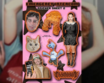 May include: A sticker sheet featuring multiple images on a pink backdrop. The sheet includes images of people, a cat, a piece of fried chicken, and a cartoon character. The text "EMERGENCY INTERCOM STICKER SHEET 2" is at the top.