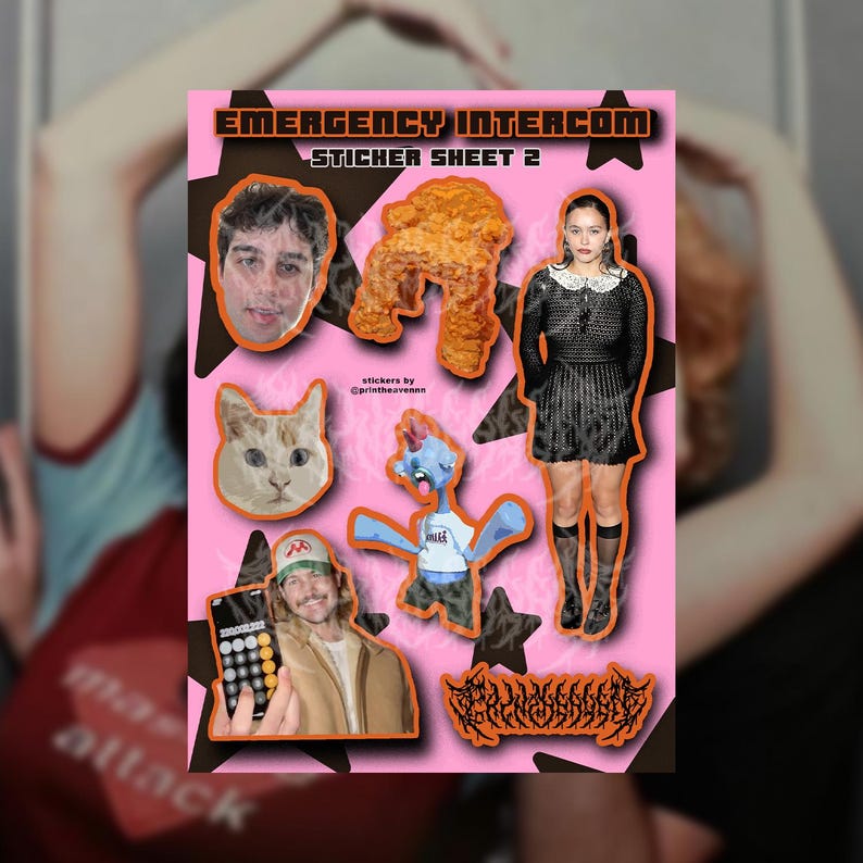 May include: A sticker sheet with various images on a pink background. The sheet includes images of people, a cat, a fried chicken piece, and a cartoon character. The text "EMERGENCY INTERCOM STICKER SHEET 2" is at the top.