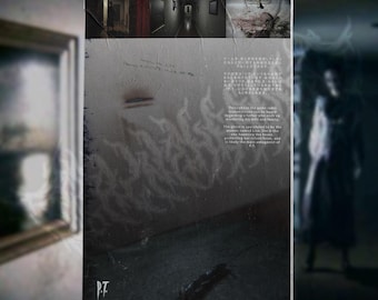 May include: A vertical poster featuring a dark, atmospheric hallway scene with a ghostly figure, a blood-stained sink, and handwritten text on a wall. The bottom left corner displays the text P.T. in a stylized white font on a dark background.