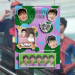 May include: A sticker sheet with a purple, green, and blue background. The sheet features a variety of stickers, including a group of four cartoon faces, a birthday cake with candles, and a black and white graphic. The text "Slushy Noobz" is printed in black on a white background.