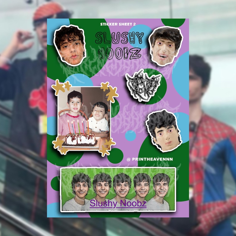 May include: A sticker sheet with a purple, green, and blue background. The sheet features a variety of stickers, including a group of four cartoon faces, a birthday cake with candles, and a black and white graphic. The text "Slushy Noobz" is printed in black on a white background.