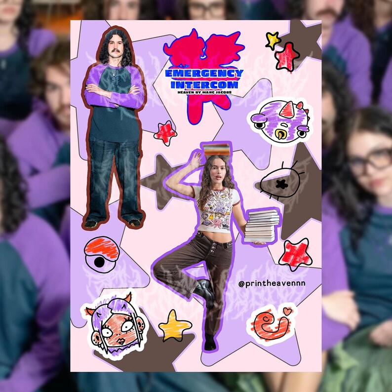 May include: A pink and purple background with various cartoon stickers. The stickers include a person with a stack of books, a person with a purple mohawk, a purple monster, and a star. The text "EMERGENCY INTERCOM HEAVEN BY MARC JACOBS" is on a pink sticker.