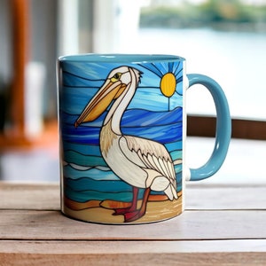 Stained Glass Pelican Mug, Beach Bird Coffee Cup, Coastal Wildlife Ceramic Mug 11oz, Ocean Shore Nature Gift, Seabird Art Pelican Lover Gift