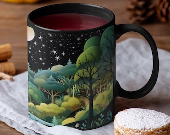 Enchanted Forest Night Sky Mug, Mystical Moon Ceramic Coffee Mug, Cottagecore Woodland Mug, Nature Lover Gift, Fantasy Mug, Gift for Her