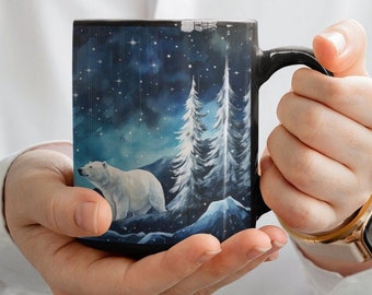 Ceramic Polar Bear Mug, Polar Bear Coffee Mug 11oz, Winter Mug, Polar Bear Coffee Cup, Winter Coffee Mug, Night Sky Mug, Polar Bear Gift