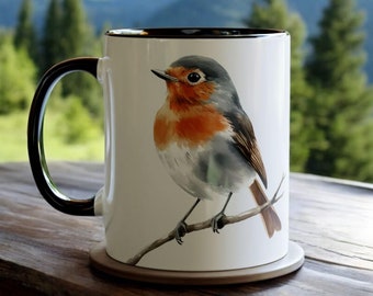 Taza con diseño de petirrojo, regalo para amantes de las aves en acuarela, taza de café con diseño de aves de jardín británicas, taza de cerámica con diseño de aves de 325 ml, taza con diseño de pájaro cantor, regalo para observadores de aves (petirrojo)