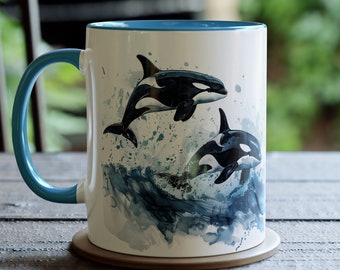 Watercolor Orca Whale Mug, 11oz Ceramic Orca Whale Coffee Cup, Orca Cup, Whale Mug, Sea Animal Cup, Gift for Orca Whale Admirers