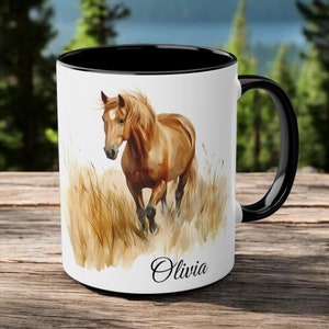 Personalized Horse Mug, Ceramic Horse Coffee Cup 11oz, Custom Name Mug, Watercolor Horse Cup, Horse Lover Gift, Custom Coffee Cup, Name Gift