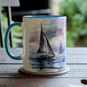 Sailboat Mug 11oz, Watercolor Sailing Coffee Cup, Nautical Gift Him Her, Coastal Ocean Decor, Sailor Boat Lover Drinkware, Sailing Gift