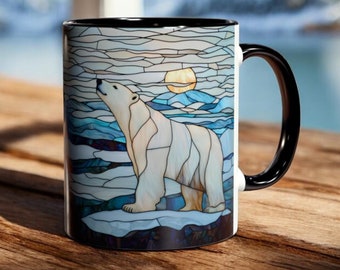 Stained Glass Polar Bear Coffee Mug, 11oz Ceramic Arctic Wildlife Cup, Polar Bear Lovers Gift, Animal Lovers Xmas Gift, Winter Holiday Gift