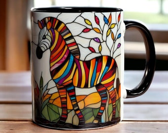Taza de cebra, taza de café de cebra con vitral, taza de animales coloridos, regalos de cebra, taza de arte de vida silvestre, regalo para amantes de los animales, taza de cerámica de 325 ml