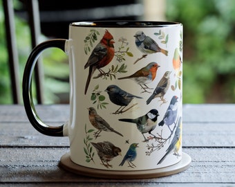 Taza de cerámica artística de 325 ml para amantes de las aves, con diseño de colibrí, cardenal y pájaros cantores. Regalo para amantes de las aves y observadores de aves.
