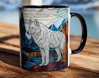 Mug loup blanc en vitrail, tasse loup en céramique 11 oz, tasse à café animaux de l'Arctique, tasse sur le thème de la nature hivernale, cadeau unique pour amoureux des loups des bois