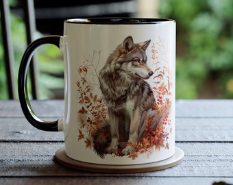 Wolf Mug, Autumn Wolf Coffee Mug, Wolf Lover Gift, Wildlife Ceramic Mug, Forest Animal Mug, Nature Lover Gift, Wolf Art, Gift for Him Her