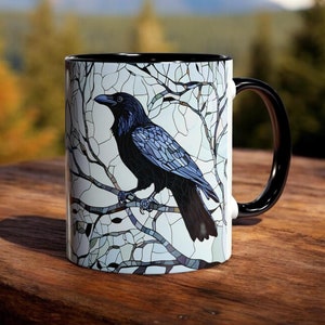 Glasmalerei-Krähenbecher, 11 Unzen Keramikvogel-Kaffeetasse für Vogelliebhaber & Krähenliebhaber, Einzigartiges Krähen-Kunstgeschenk, Vogelbeobachter-Geschenk, Krähengeschenk